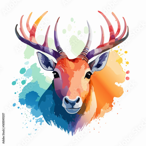Vibrant watercolor portrait of a majestic stag's head with colorful, artistic antlers.