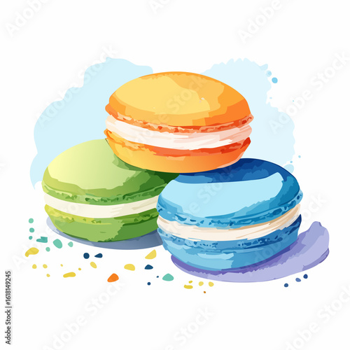 A vibrant watercolor illustration of three colorful French macarons stacked together.