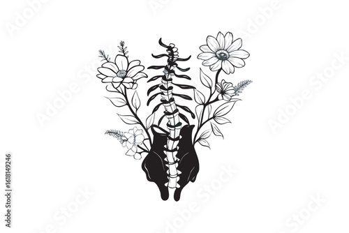 Elegant spine illustration with floral elements and hands a delicate black and white design suitable for medical anatomical or artistic projects with a touch of