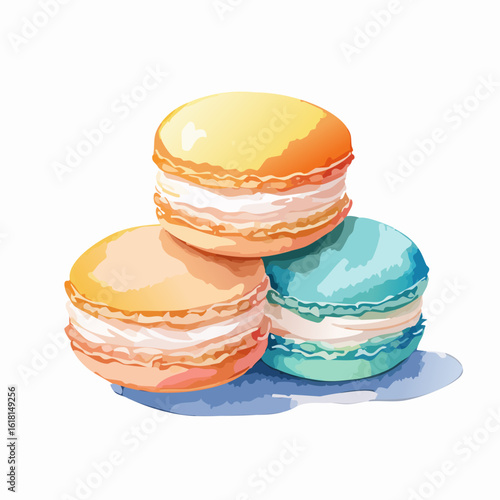 Colorful stack of three French macarons in a vibrant watercolor illustration style.
