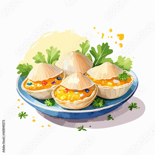 Watercolor illustration of four baked stuffed clams with a colorful filling, garnished with fresh herbs on a blue plate.