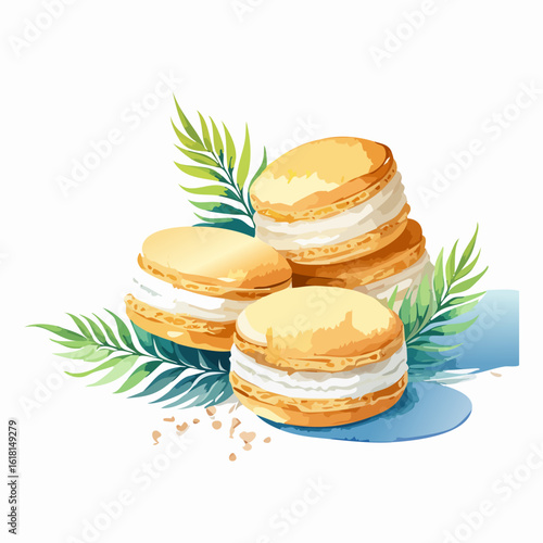 Golden yellow macarons with white cream filling, stacked and garnished with fresh green palm leaves.