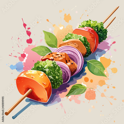 Artistic watercolor illustration of a grilled chicken and vegetable kebab with fresh basil leaves.