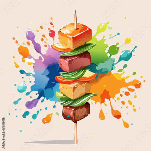 Vibrant watercolor style illustration of a food skewer with stacked cubes of tofu, meat, and fresh vegetables.