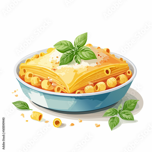 Cheesy baked pasta with lasagna layers, macaroni, and a fresh basil garnish in a light blue bowl.