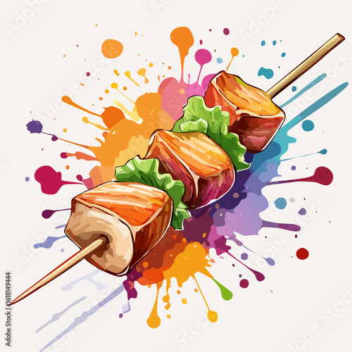 Artistic grilled meat and lettuce kebab on a wooden skewer in a vibrant watercolor style.