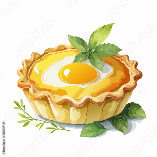 Golden baked savory tartlet with a sunny-side-up egg and fresh basil leaves.