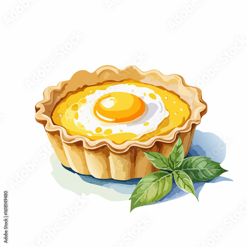 Golden Baked Savory Tartlet with a Whole Egg and Fresh Basil Garnish, Watercolor Style.