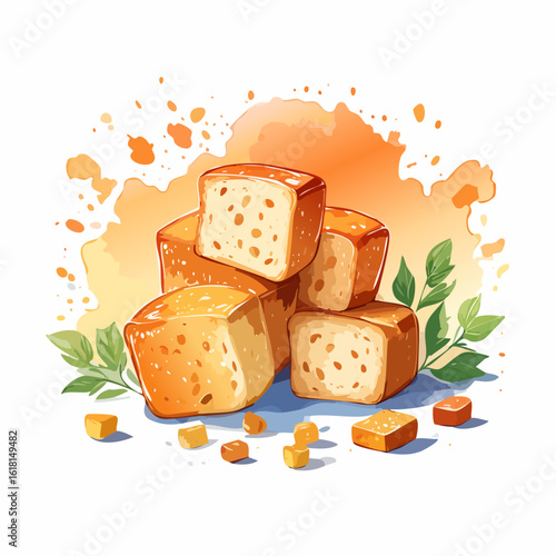 Pile of golden, porous bread cubes with a shiny crust, garnished with green leaves. Watercolor illustration.