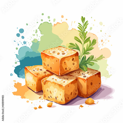 Golden toasted crouton cubes with a porous texture and a fresh green herb garnish, watercolor style.