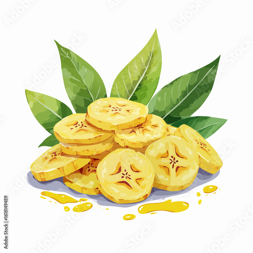 A vibrant pile of sliced yellow bananas with green leaves and honey, in a watercolor style.