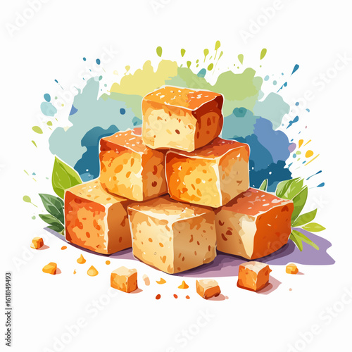 A delicious pyramid stack of golden-brown, toasted croutons with fresh green leaves.