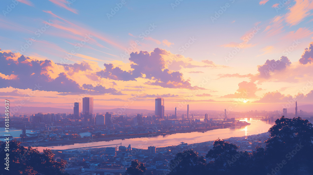Fototapeta premium 手描きの柔らかなタッチで描かれた夕焼け空と街のパノラマ、ノスタルジックな光が包む都市の風景が広がるイラスト、懐かしさと静けさを感じる叙情的な構図の背景素材