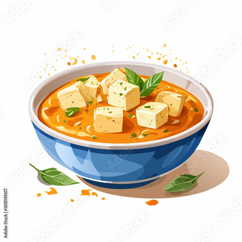 A vibrant bowl of orange curry with paneer cubes and fresh green herbs, presented in a blue ceramic bowl.