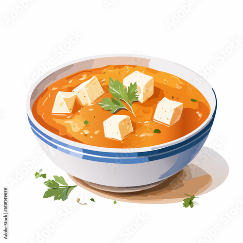Vibrant orange curry soup with paneer cubes and fresh parsley in a blue-striped ceramic bowl, vector illustration.