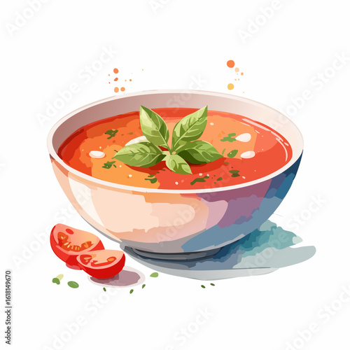 A vibrant watercolor illustration of a bowl of red tomato soup, garnished with fresh green basil leaves and served with tomato wedges.