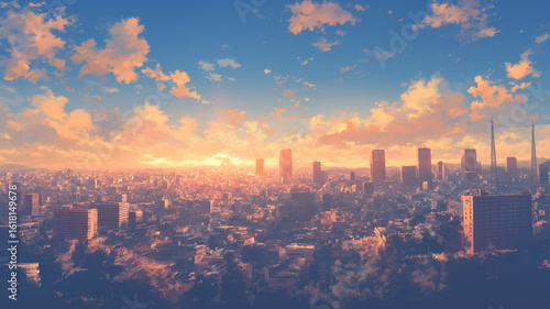 Wallpaper Mural 手描きの柔らかなタッチで描かれた夕焼け空と街のパノラマ、ノスタルジックな光が包む都市の風景が広がるイラスト、懐かしさと静けさを感じる叙情的な構図の背景素材 Torontodigital.ca