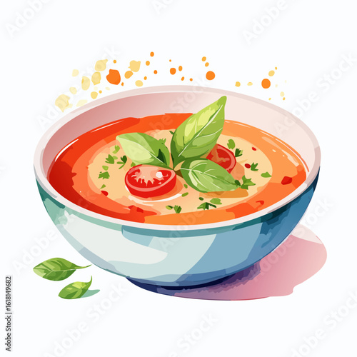 Vibrant watercolor illustration of creamy tomato soup garnished with fresh basil leaves and sliced cherry tomatoes.