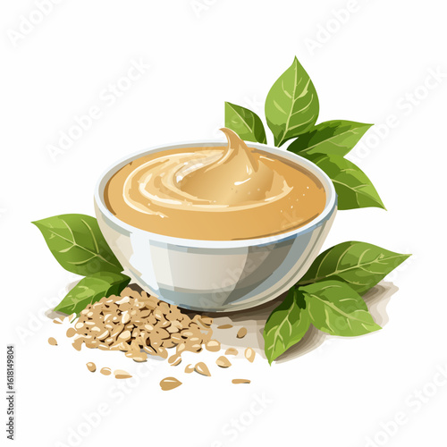 Creamy tahini paste in a white bowl with sesame seeds and fresh green leaves.