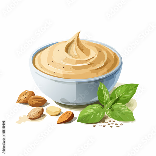 Creamy swirled almond dip in a light blue bowl, garnished with fresh basil and nuts.
