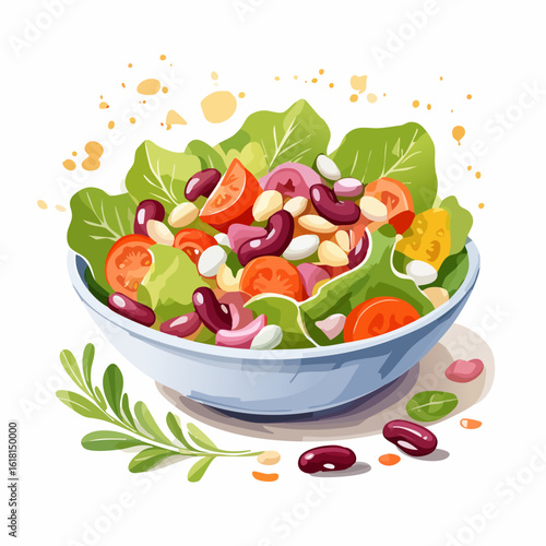 Vibrant illustrated bowl of fresh mixed bean salad with lettuce, tomatoes, and onions.