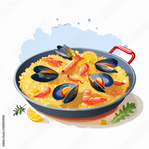 Vibrant illustration of a traditional Spanish seafood paella with mussels, shrimp, and lemon garnish.