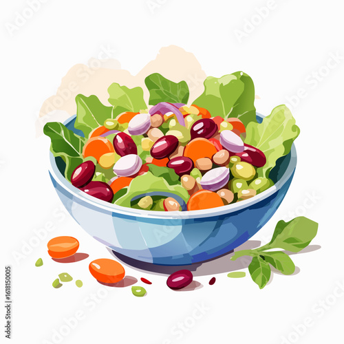 Fresh mixed bean salad illustration in a blue bowl, with vibrant kidney beans, chickpeas, carrots, and lettuce.