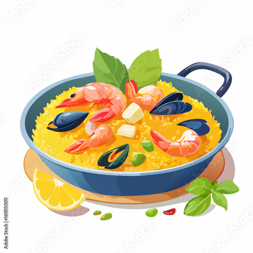 Vibrant Spanish seafood paella illustration with shrimp, mussels, and basil in a blue pan.