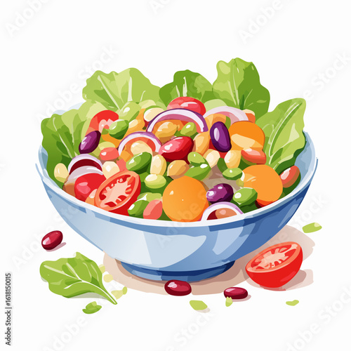 Fresh mixed bean and vegetable salad in a blue bowl, with tomatoes, lettuce, and red onion.