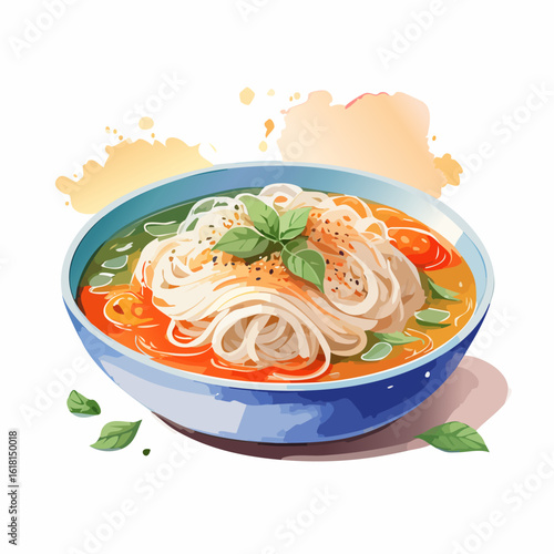 Vibrant watercolor illustration of Asian noodle soup in a blue bowl, garnished with fresh basil and sesame seeds.