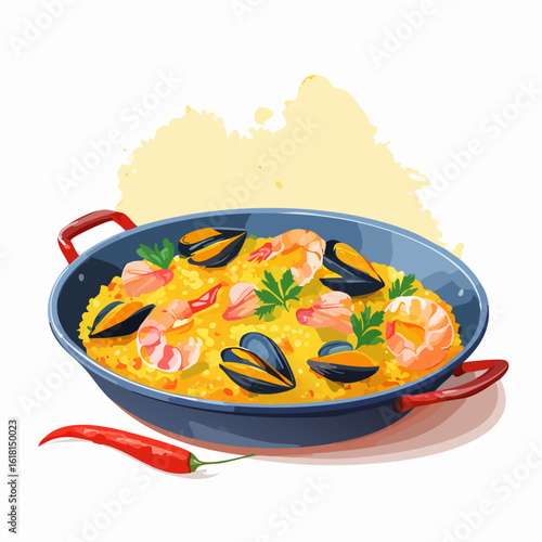 Vibrant seafood paella illustration with shrimp, mussels, and saffron rice in a traditional pan.