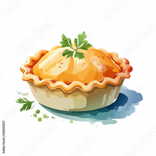 Savory individual pot pie with a golden-brown crust, garnished with parsley, in a watercolor style.