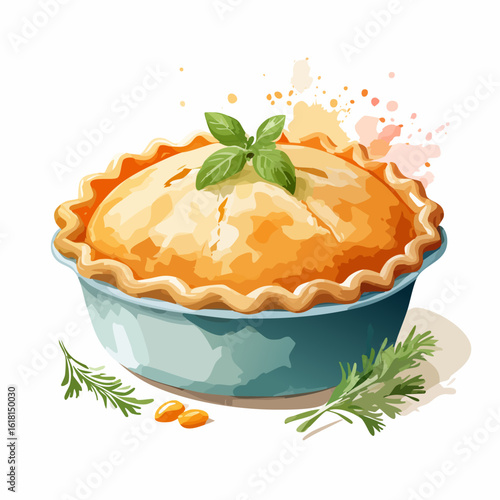 Watercolor illustration of a savory pot pie with a golden crust and fresh basil garnish.