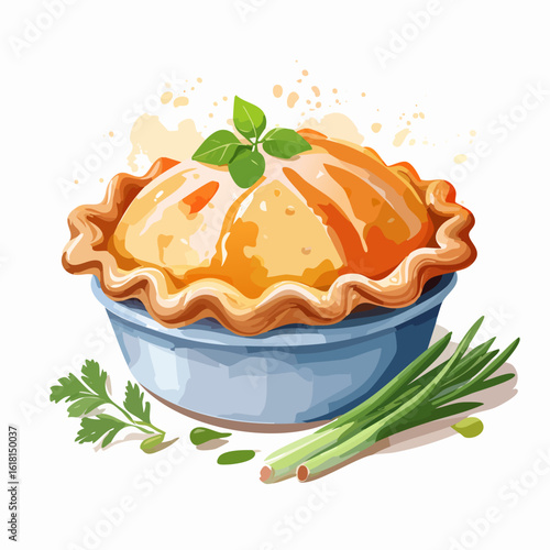 Delicious homemade savory pot pie with a flaky, crimped crust and fresh herb garnish.