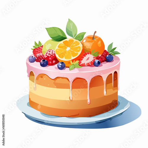 Colorful layered cake with pink dripping glaze, topped with fresh oranges, strawberries, blueberries, and apples.