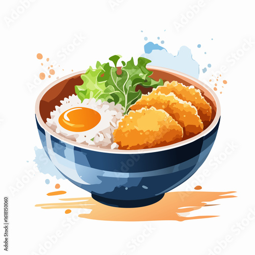 Crispy katsudon rice bowl with a sunny-side-up egg and fresh greens in a blue ceramic bowl, watercolor style.