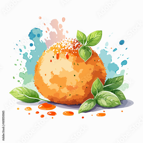 Golden fried arancini rice ball garnished with fresh basil leaves and grated parmesan cheese.