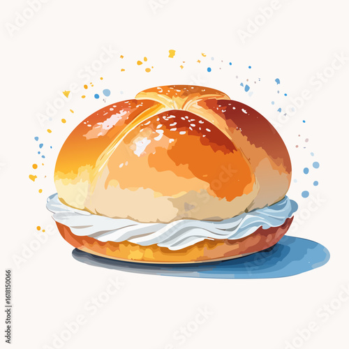A glossy, golden-brown baked bun with a cross-scored top, filled with piped white cream.