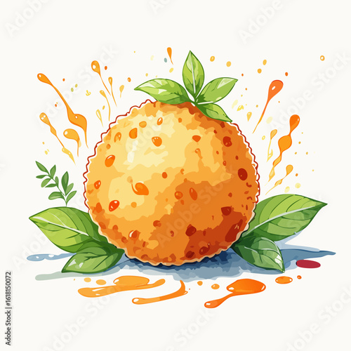 Crispy golden-brown fried arancini ball with fresh basil leaves and sauce splashes.