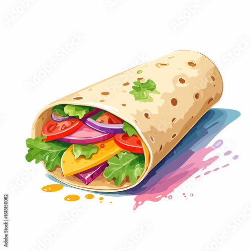 Vibrant watercolor illustration of a fresh vegetable wrap with tomato, onion, and cheese.