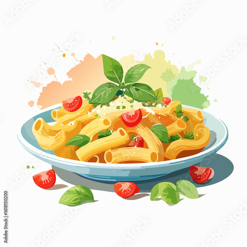 A vibrant illustration of a rigatoni pasta dish with fresh basil, cherry tomatoes, and grated parmesan cheese in a light blue bowl.