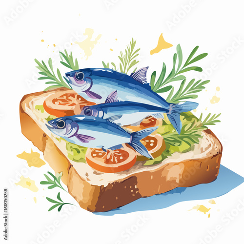 Gourmet sardine toast with sliced tomatoes, avocado, and fresh rosemary sprigs. A vibrant, artistic watercolor illustration of a healthy open-faced sandwich.