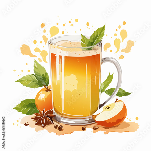 Warm spiced apple cider in a glass mug with mint, fresh apples, and star anise.