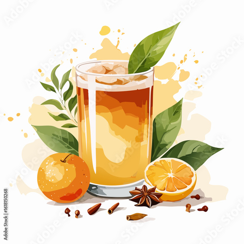 Spiced orange iced tea in a glass with fresh mint, cinnamon, cloves, and star anise.