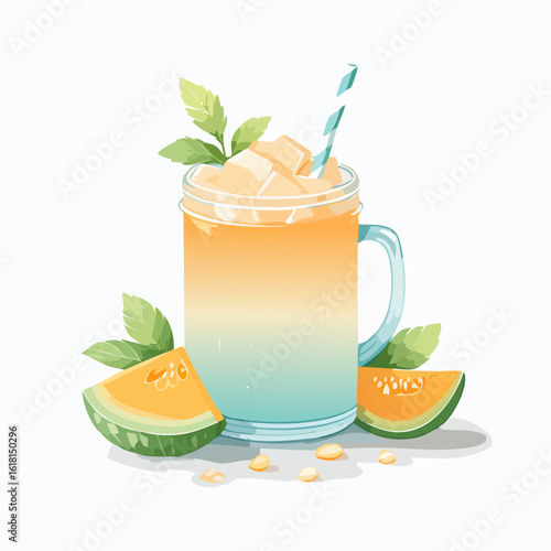 Vibrant Gradient Melon Drink in a Mason Jar, Garnished with Mint and Melon Cubes