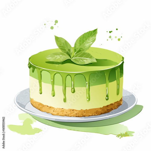 Layered matcha green tea cheesecake with dripping glaze and mint garnish, in a watercolor style.