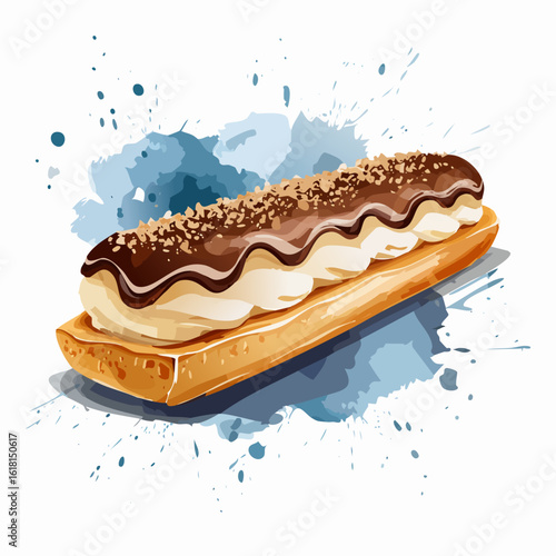 Gourmet chocolate eclair with piped cream and nuts, in an artistic watercolor style.