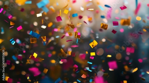 A vibrant celebration of colorful confetti falling in a festive and joyful atmosphere event backdrop