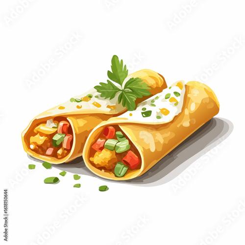 Two golden burritos filled with colorful vegetables, topped with cream and a fresh parsley sprig illustration.