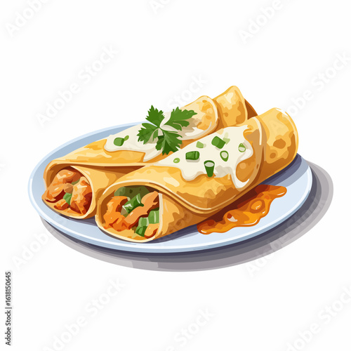 Two savory enchiladas with chicken filling, topped with cream sauce, scallions, and parsley on a plate.